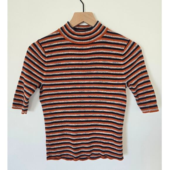 Madewell  Mockneck Blue/Orange/Beige Striped Sweater Top Sz S Cotton/Wool Blend - Picture 1 of 3